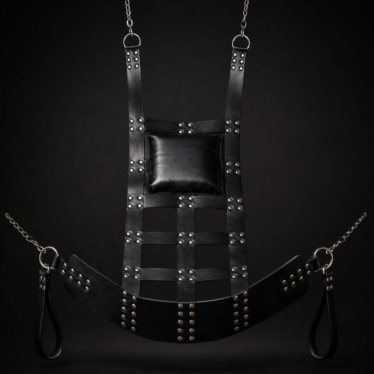 Black chrome leather sex swing with padded headrest, lattice-grid seat panel, and riveted hardware