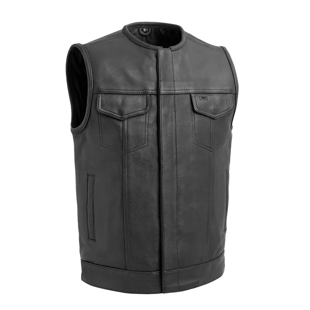 Men’s All-Black Leather Biker Vest – Collarless Full Grain Cowhide