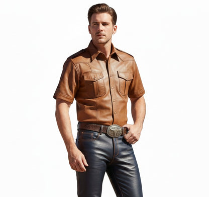 Men’s Real Lamb Leather Police Military Short Sleeve Shirt