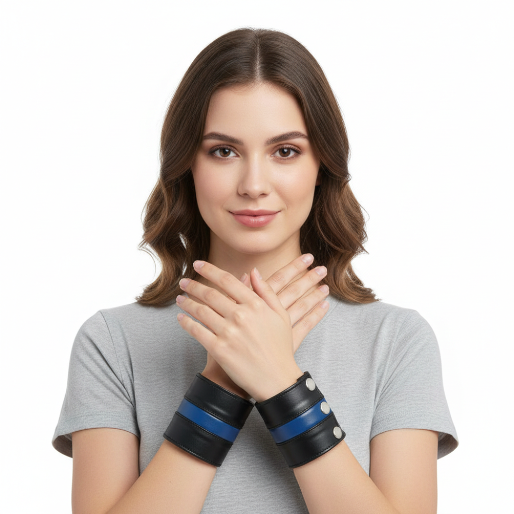 BDSM Leather Handcuffs – Black & Blue Bondage Restraints for Master Slave Play