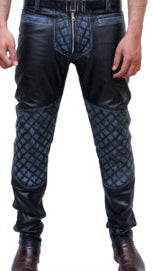Men’s Blue Distressed Leather Biker Pants – Handmade Cowhide with Quilted Panels