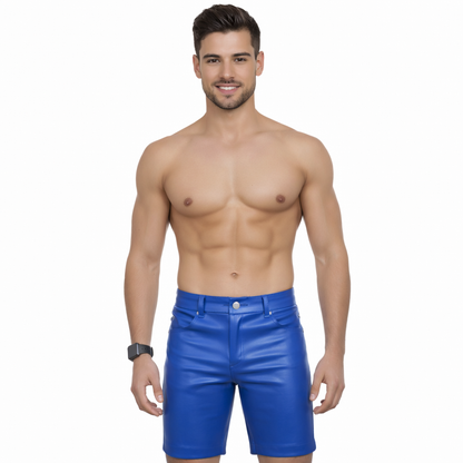Men’s Slim Fit Blue Lamb Leather Shorts with 5 Pockets