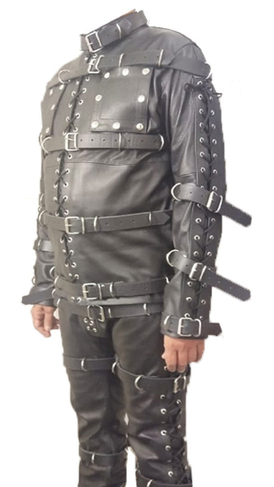 Men’s Heavy Duty Leather Bondage Suit – Full Body Restriction Catsuit with D-Rings