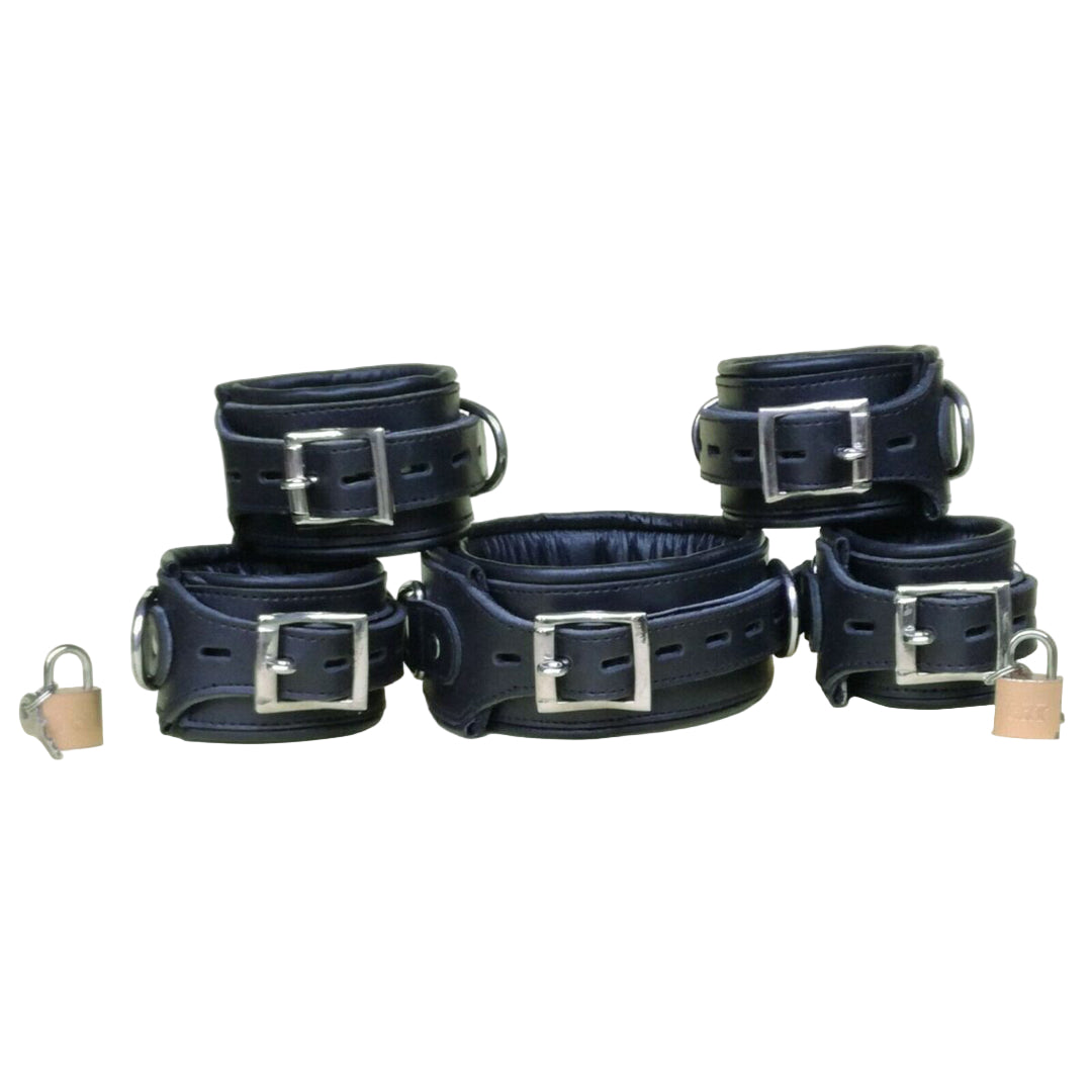 Premium Genuine Leather Bondage Restraint Set – 5-Piece Padded & Lockable Kit
