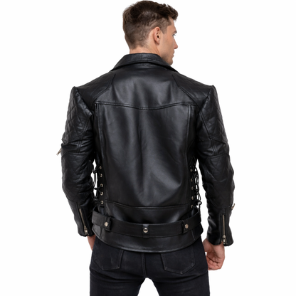 Men's Brando Biker Jacket in Real Cowhide with Quilted Panels & Side Laces