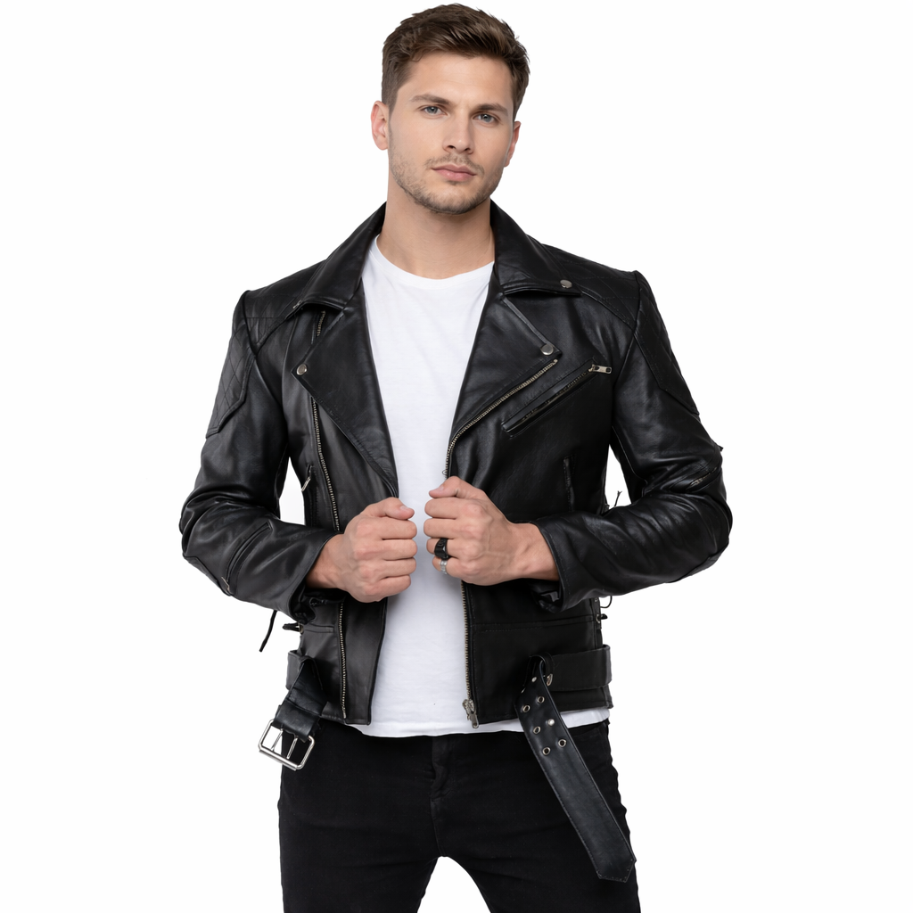 Men's Brando Biker Jacket in Real Cowhide with Quilted Panels & Side Laces