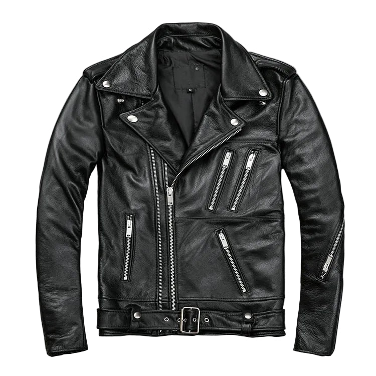 Men’s Classic Brando Leather Biker Jacket – Studded Lapels & Zip Cuffs
