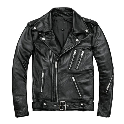 Men’s Classic Brando Leather Biker Jacket – Studded Lapels & Zip Cuffs