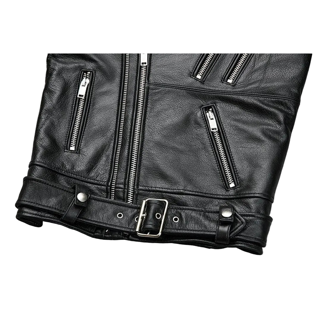 Men’s Classic Brando Leather Biker Jacket – Studded Lapels & Zip Cuffs