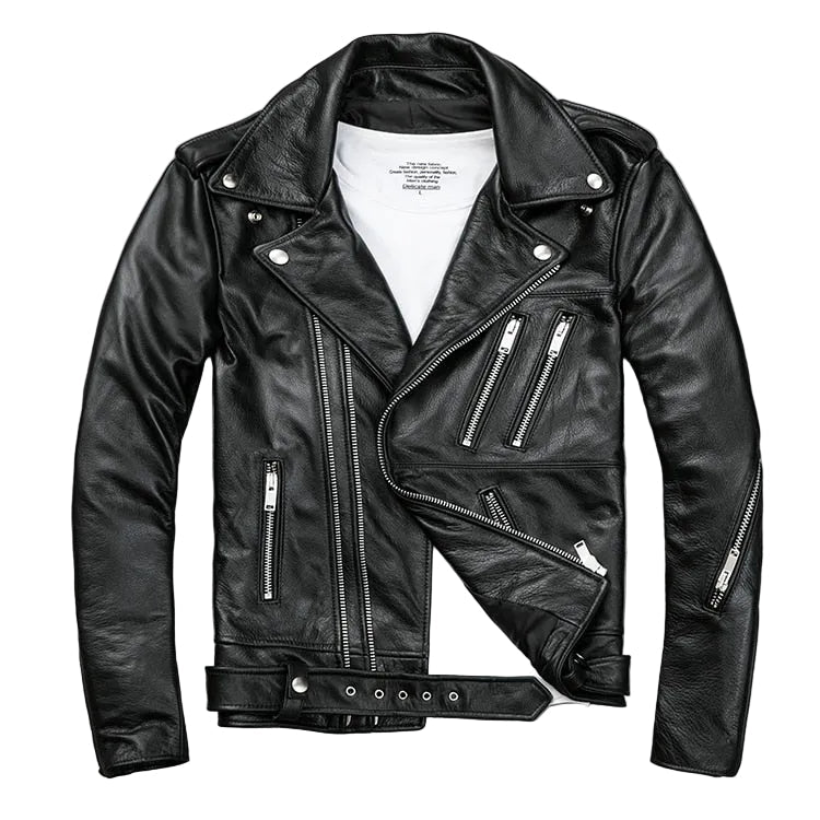 Men’s Classic Brando Leather Biker Jacket – Studded Lapels & Zip Cuffs