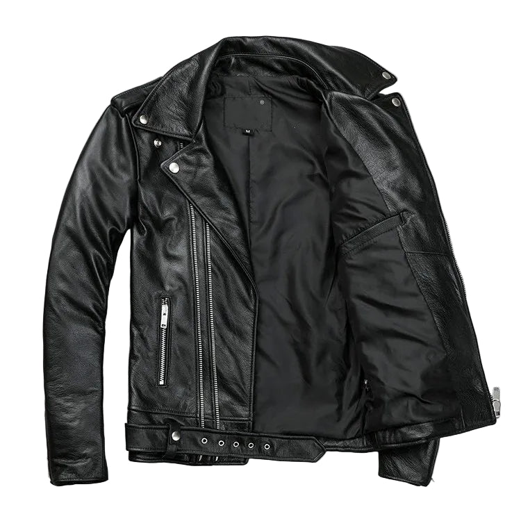 Men’s Classic Brando Leather Biker Jacket – Studded Lapels & Zip Cuffs