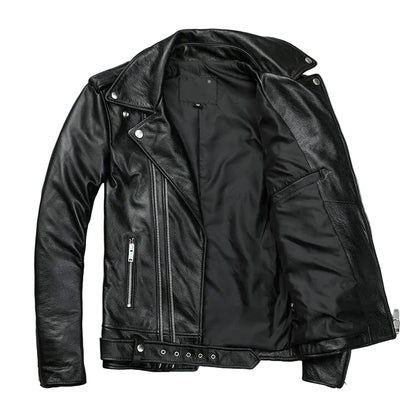 Men’s Classic Brando Leather Biker Jacket – Studded Lapels & Zip Cuffs