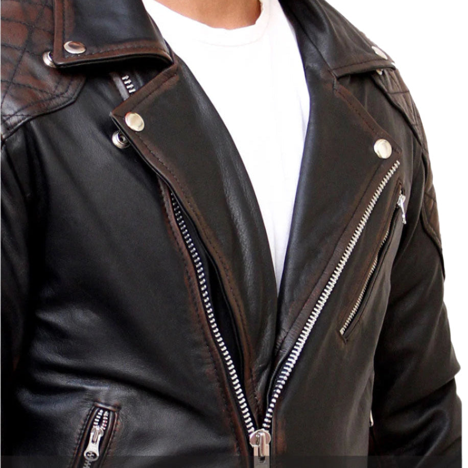 Men's Distressed Cowhide Biker Jacket – Brando Style with Quilted Panels