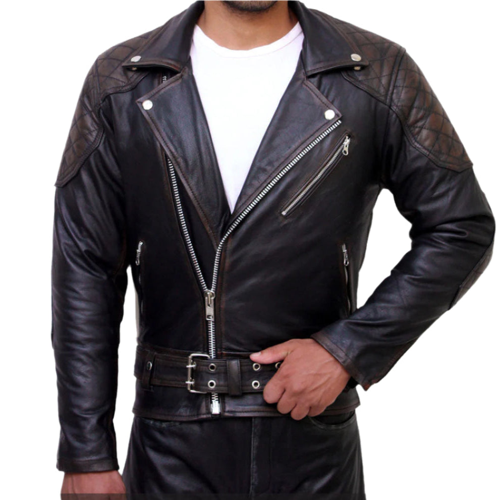 Men's Distressed Cowhide Biker Jacket – Brando Style with Quilted Panels