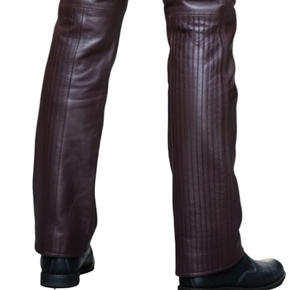 Men’s Brown Slim Fit Cow Leather Pants with Full Length Front Zippers