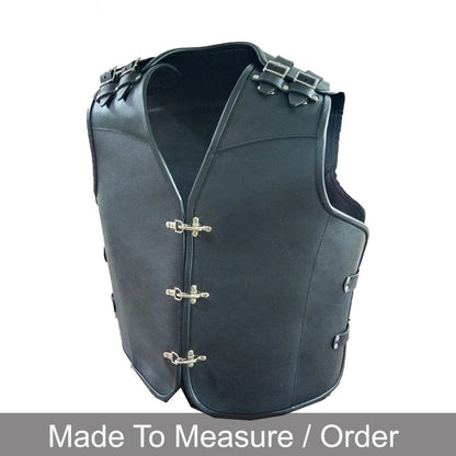 Men’s Thick Cowhide Leather Biker Vest – Buckle Closure with Black Piping