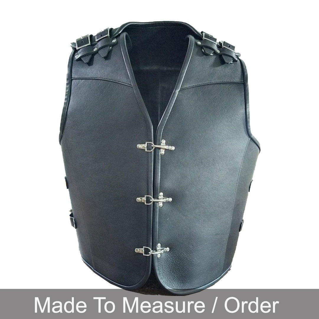 Men’s Thick Cowhide Leather Biker Vest – Buckle Closure with Black Piping
