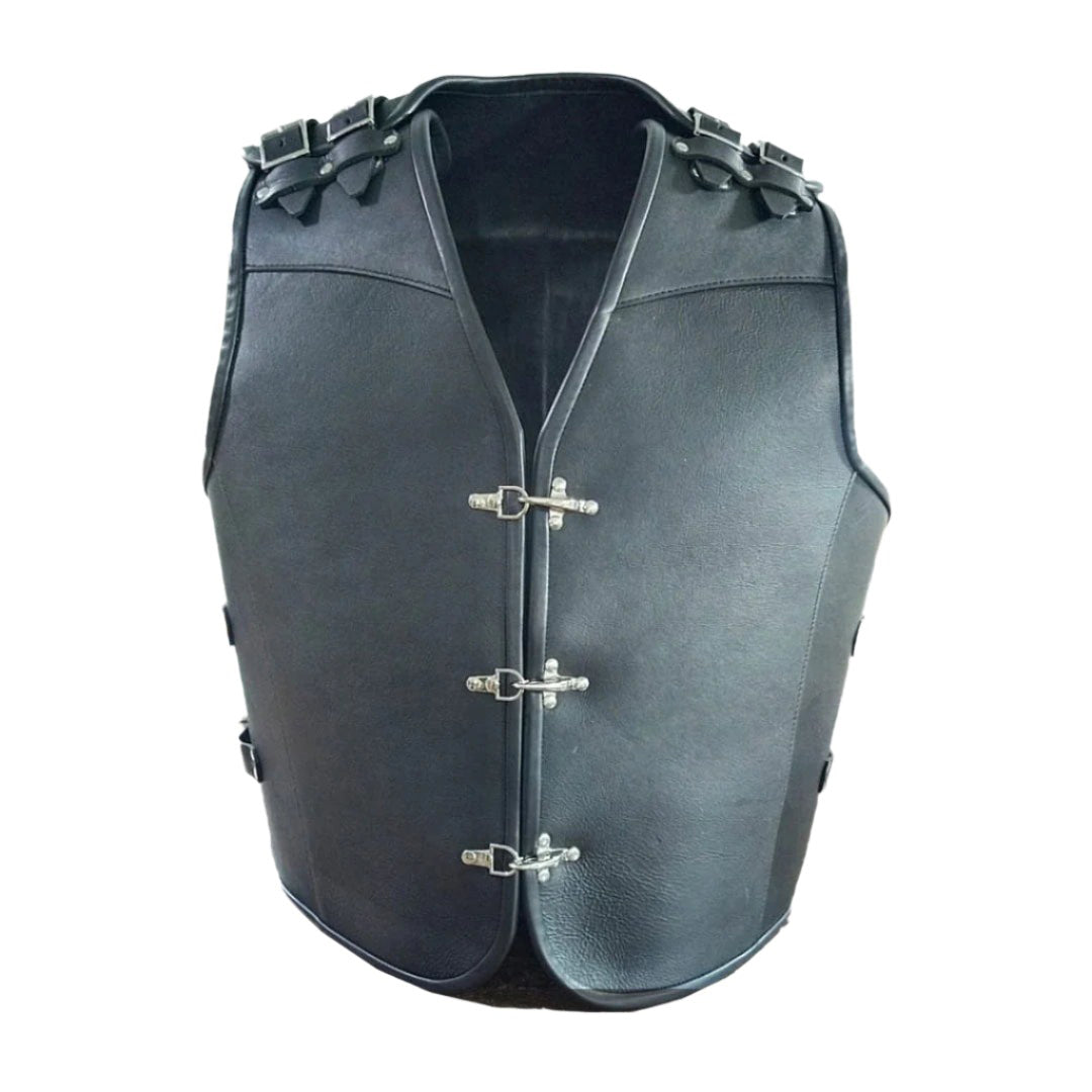 Men’s Thick Cowhide Leather Biker Vest – Buckle Closure with Black Piping