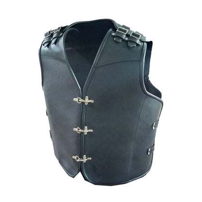 Men’s Thick Cowhide Leather Biker Vest – Buckle Closure with Black Piping