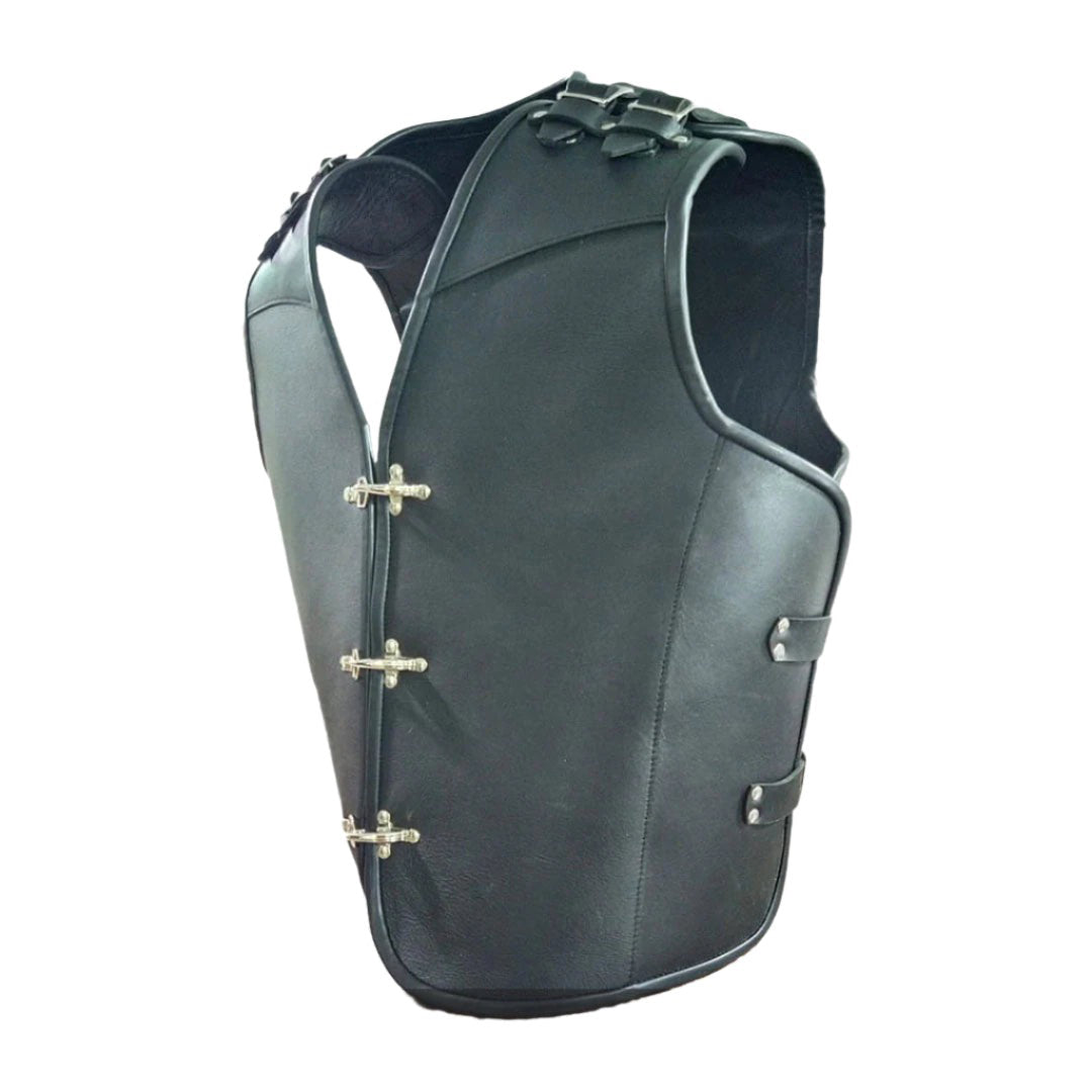 Men’s Thick Cowhide Leather Biker Vest – Buckle Closure with Black Piping