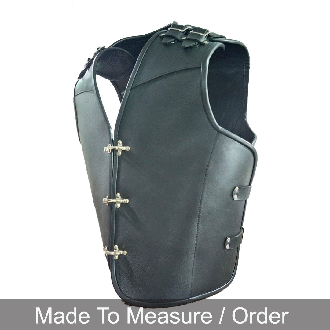 Men’s Thick Cowhide Leather Biker Vest – Buckle Closure with Black Piping