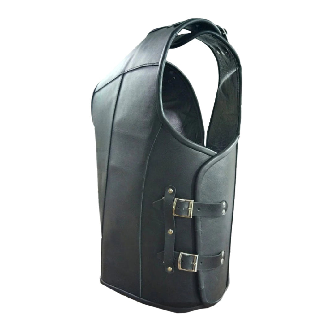Men’s Thick Cowhide Leather Biker Vest – Buckle Closure with Black Piping