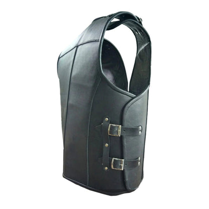 Men’s Thick Cowhide Leather Biker Vest – Buckle Closure with Black Piping