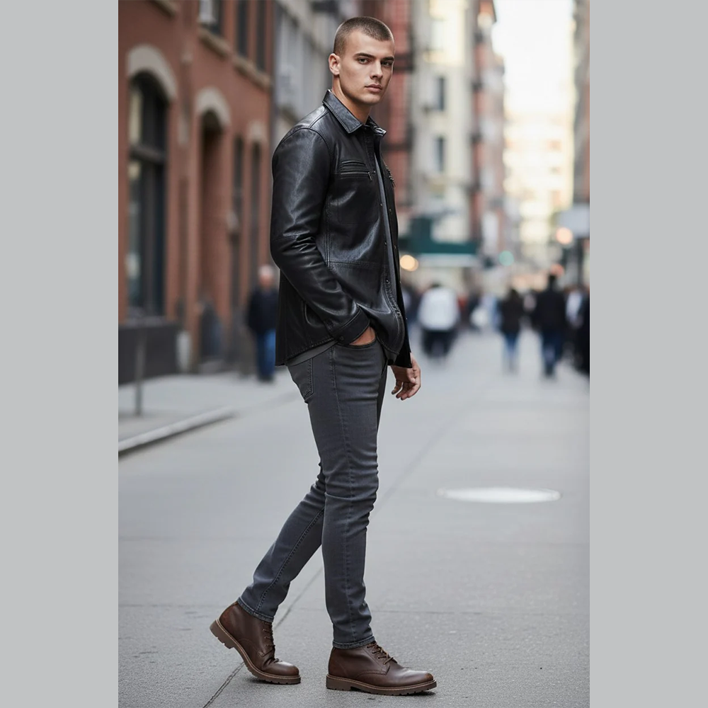 Men’s Genuine Lambskin Leather Shirt – Soft Sheep Leather Full Sleeve Design