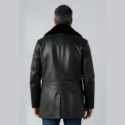 Men’s Real Leather Pea Coat with Detachable Fur Collar – Long Cowhide Jacket