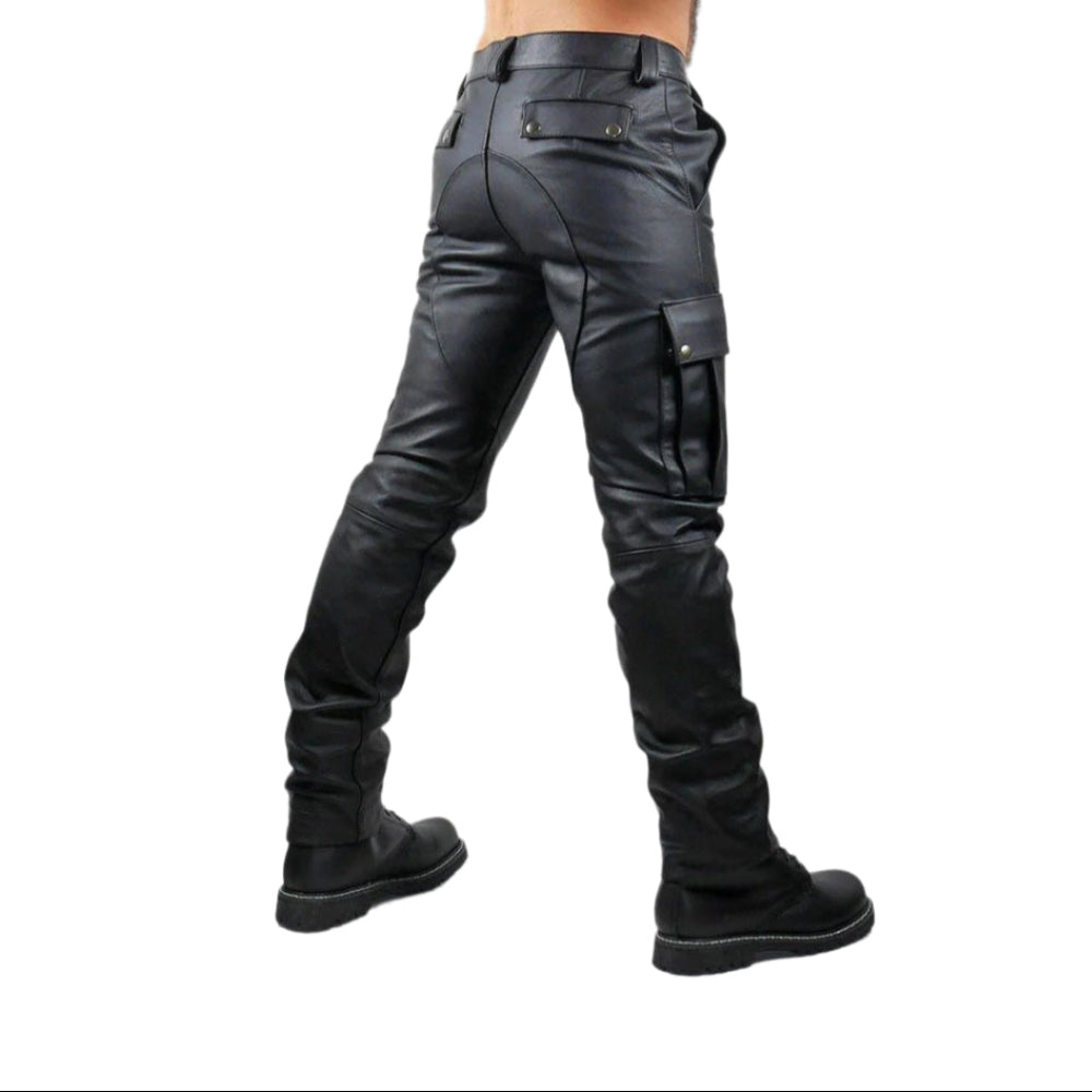 Men’s Cowhide Leather Cargo Biker Pants – Multi-Pocket Quilted Design