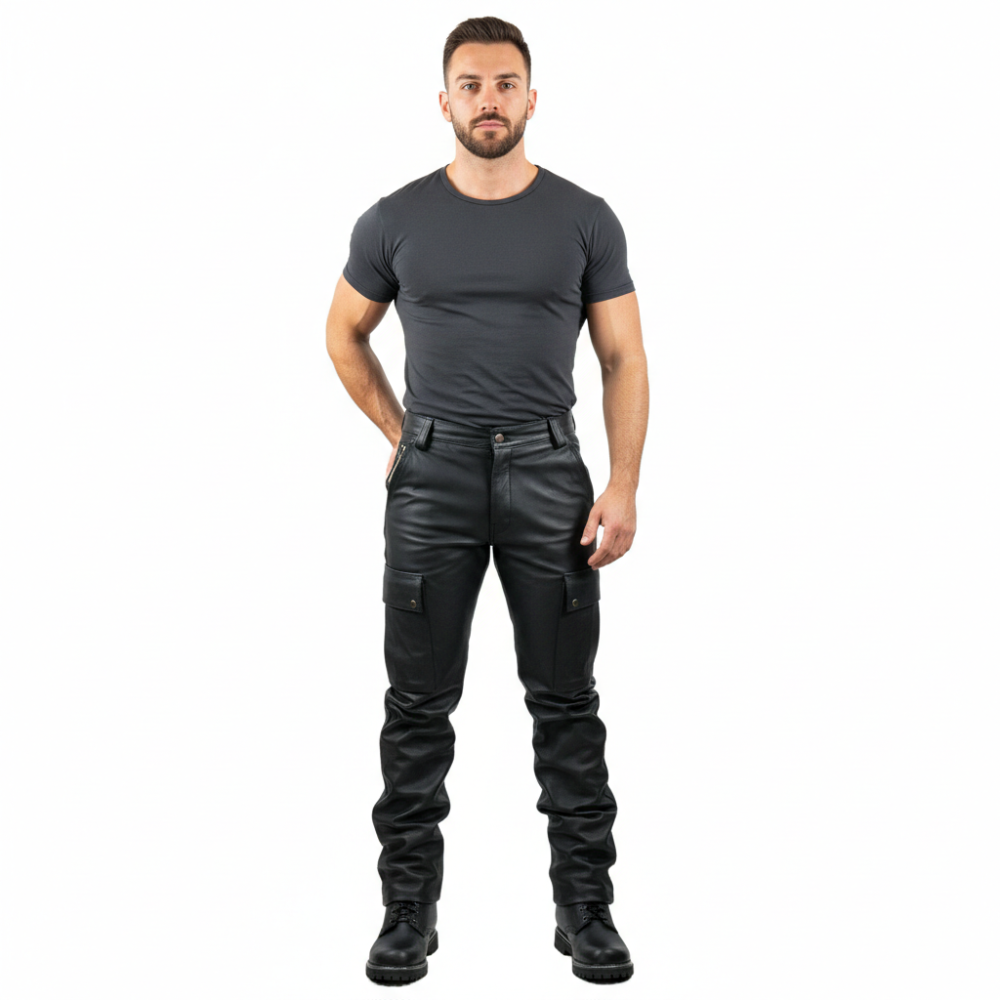 Men’s Cowhide Leather Cargo Biker Pants – Multi-Pocket Quilted Design