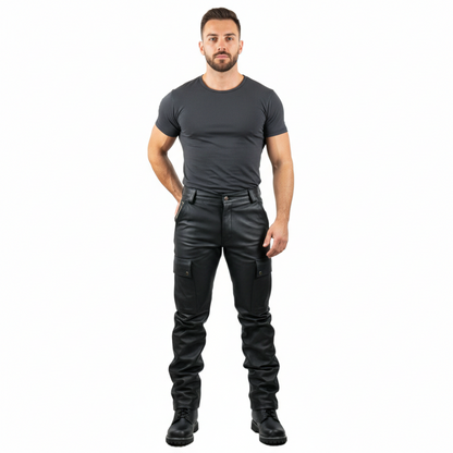 Men’s Cowhide Leather Cargo Biker Pants – Multi-Pocket Quilted Design