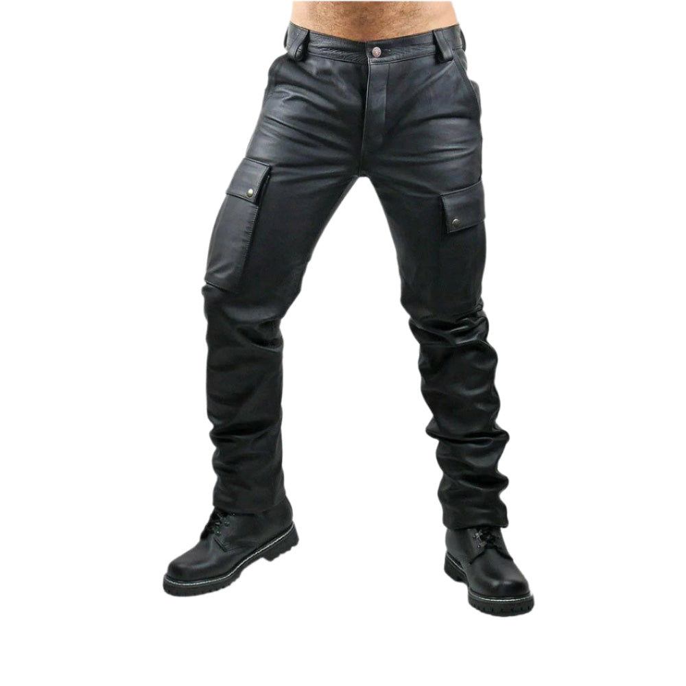 Men’s Cowhide Leather Cargo Biker Pants – Multi-Pocket Quilted Design