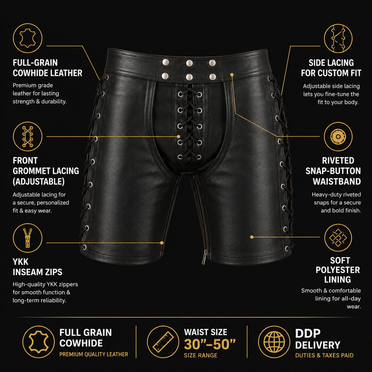 Men’s Cowhide Leather Lace-Up Chaps Shorts for Clubwear