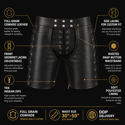 Men’s Cowhide Leather Lace-Up Chaps Shorts for Clubwear