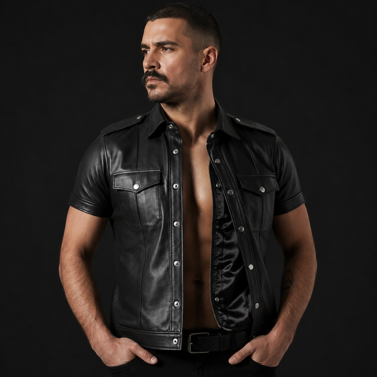 Men’s Lambskin Leather Police Shirt – Short Sleeve Clubwear