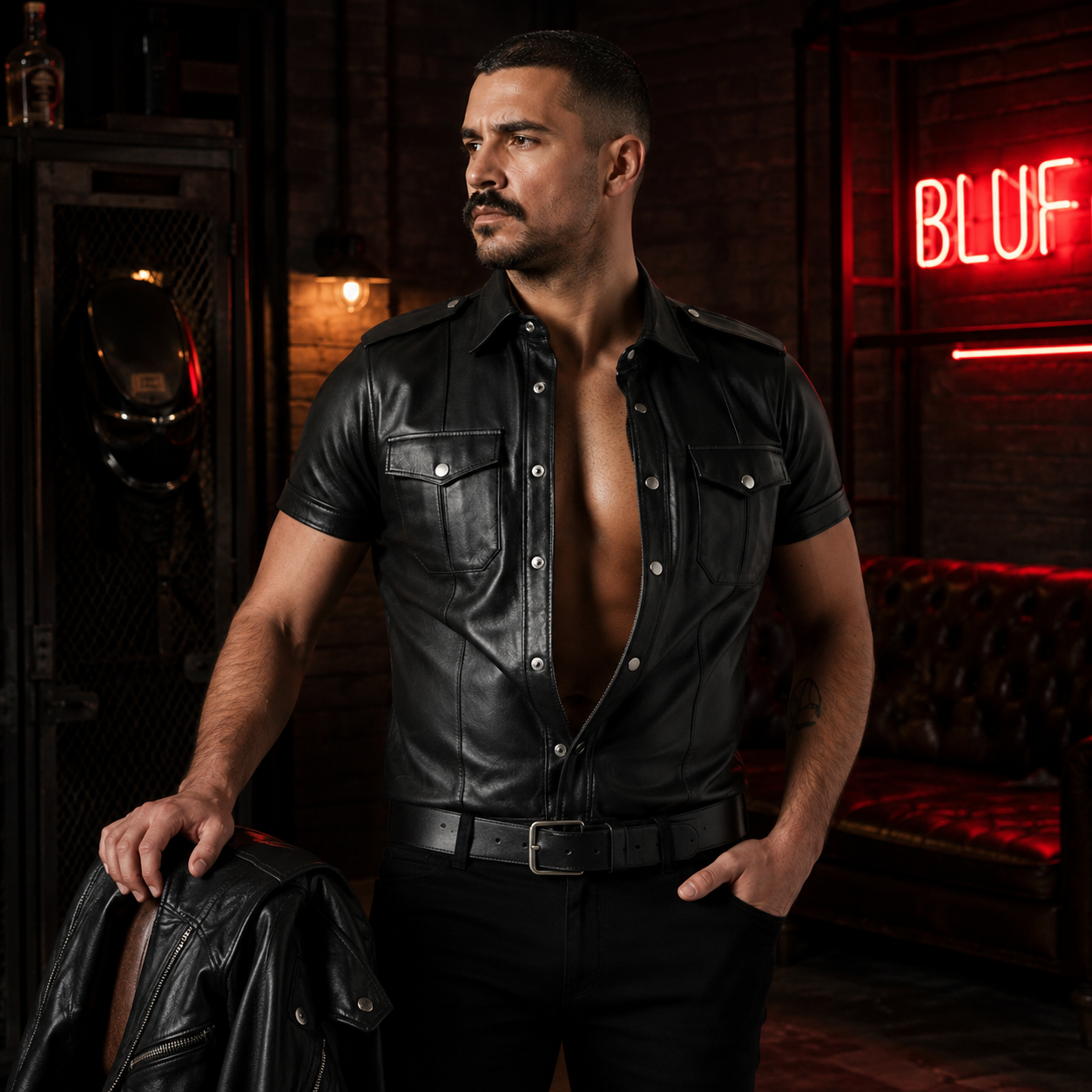 Men’s Lambskin Leather Police Shirt – Short Sleeve Clubwear