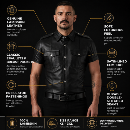 Men’s Lambskin Leather Police Shirt – Short Sleeve Clubwear