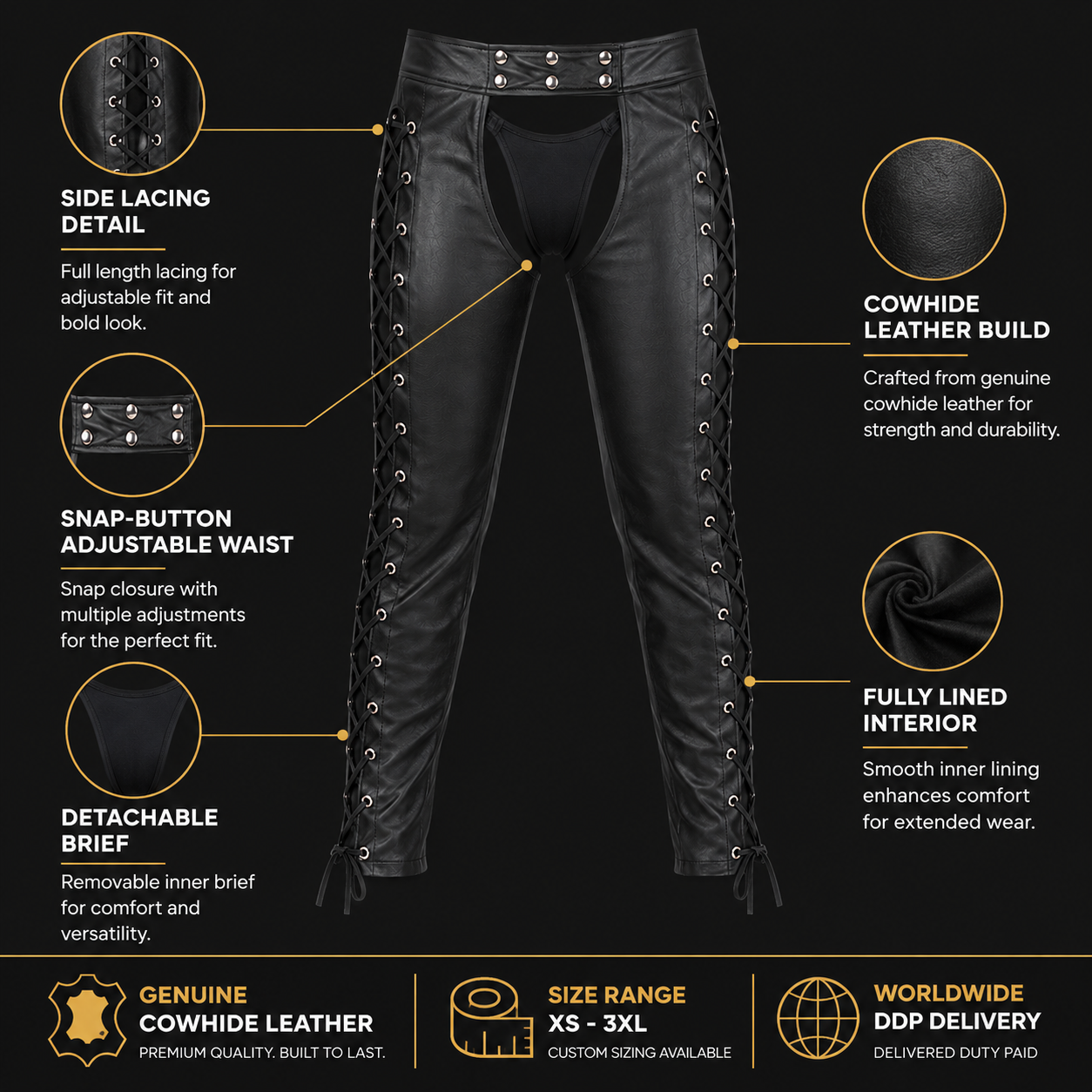  Product detail shot of leather lace up chaps showing lacing and snap waistband construction