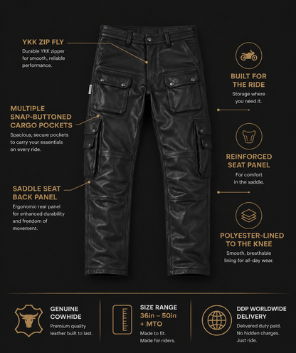 Men’s Cowhide Leather Cargo Biker Pants – Heavy-Duty Motorcycle Gear