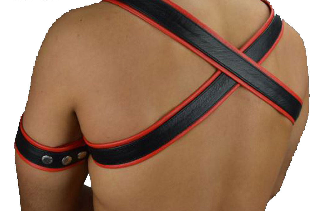 Men’s Leather Chest Harness with Red Piping + Free Armband