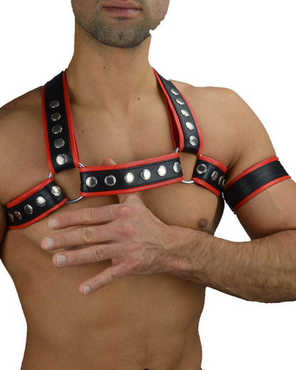 Men’s Leather Chest Harness with Red Piping + Free Armband