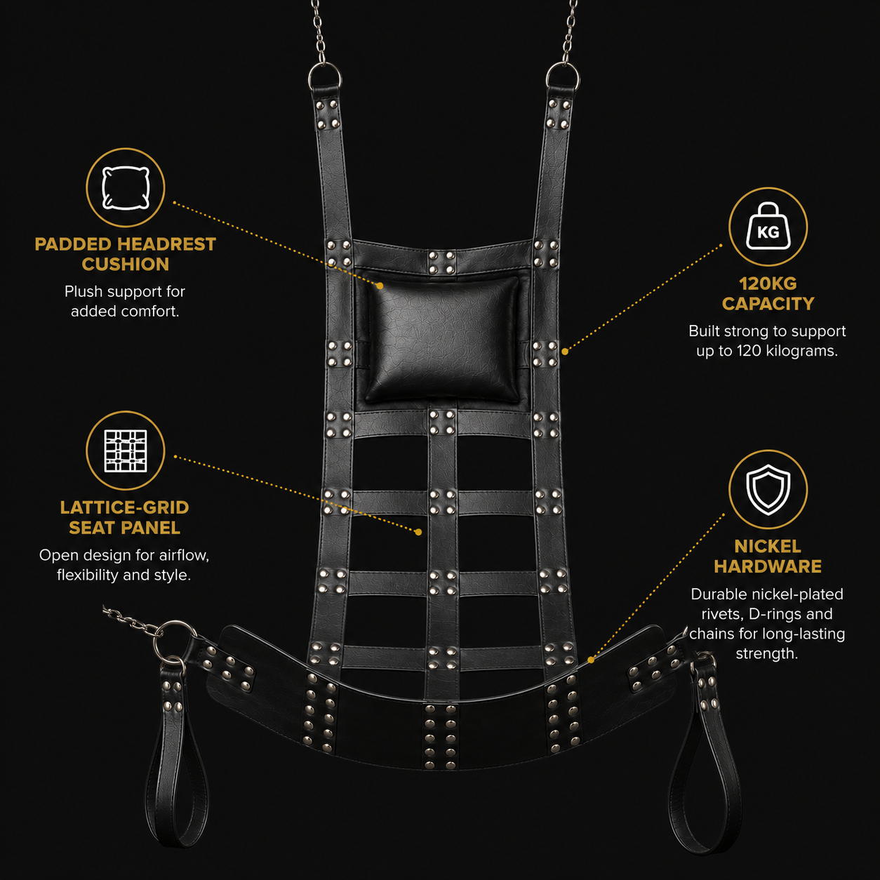 Chrome leather sex swing laid flat showing padded headrest, lattice seat, and loop straps for feature callouts