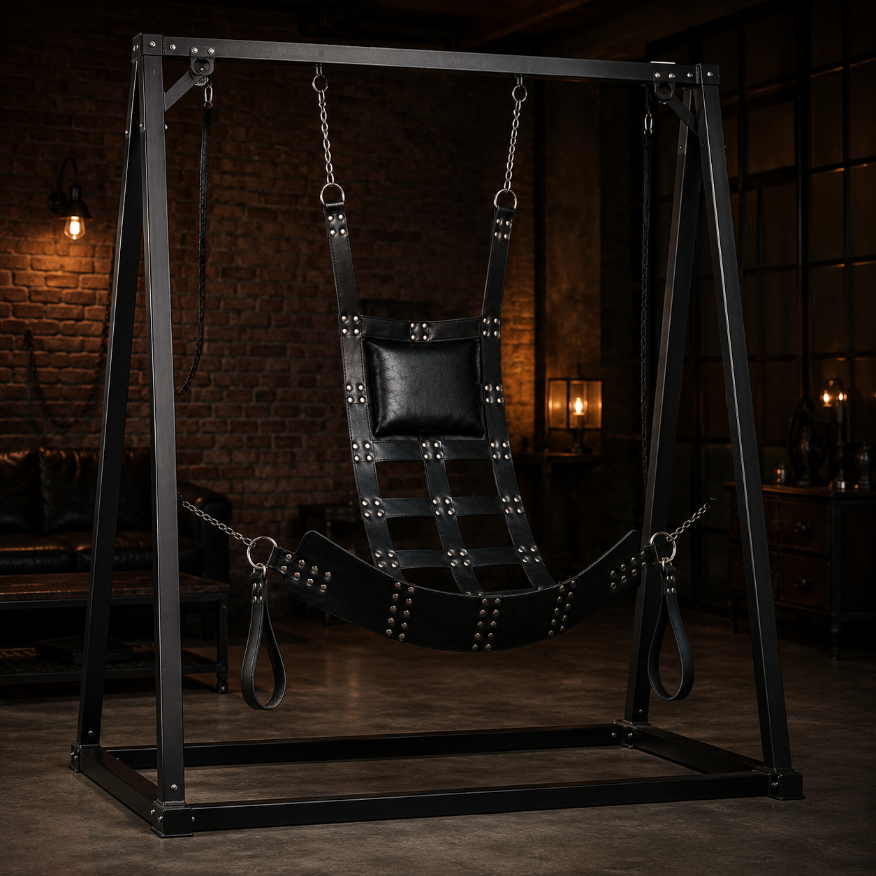 Chrome leather sex swing suspended from a 4-point frame in a dark industrial loft setting
