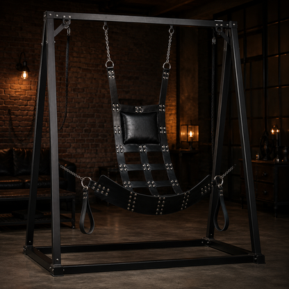 Chrome leather sex swing suspended from a 4-point frame in a dark industrial loft setting