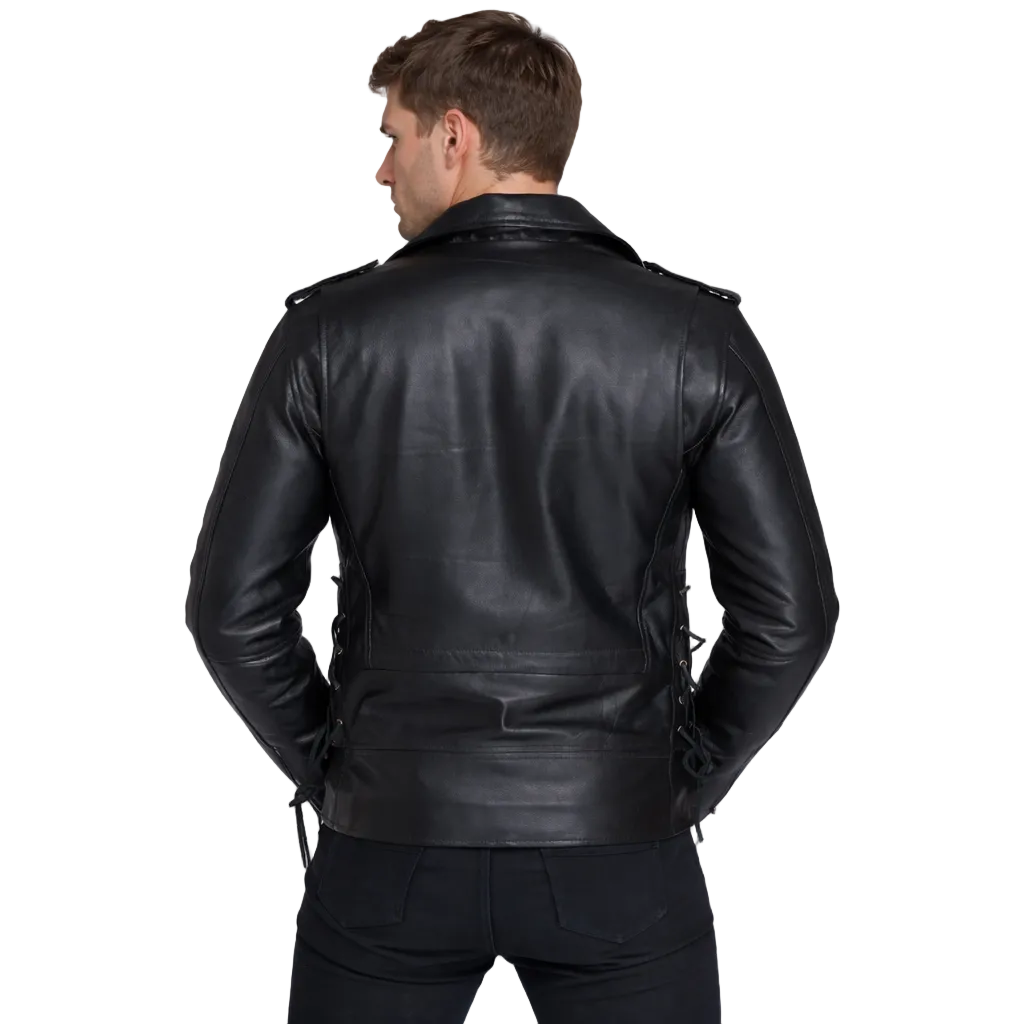 Men's Classic Brando Biker Jacket in Real Natural Grain Leather
