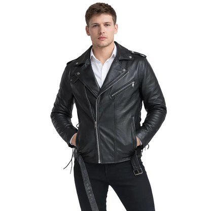 Men's Classic Brando Biker Jacket in Real Natural Grain Leather