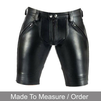 Men’s Black Cowhide Leather Club Shorts with Optional Back Zip