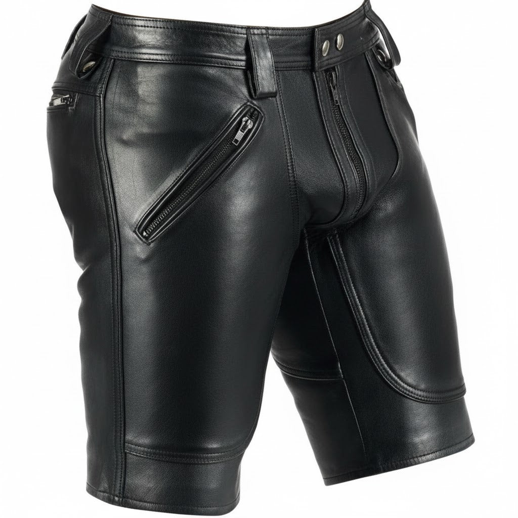 Men’s Black Cowhide Leather Club Shorts with Optional Back Zip