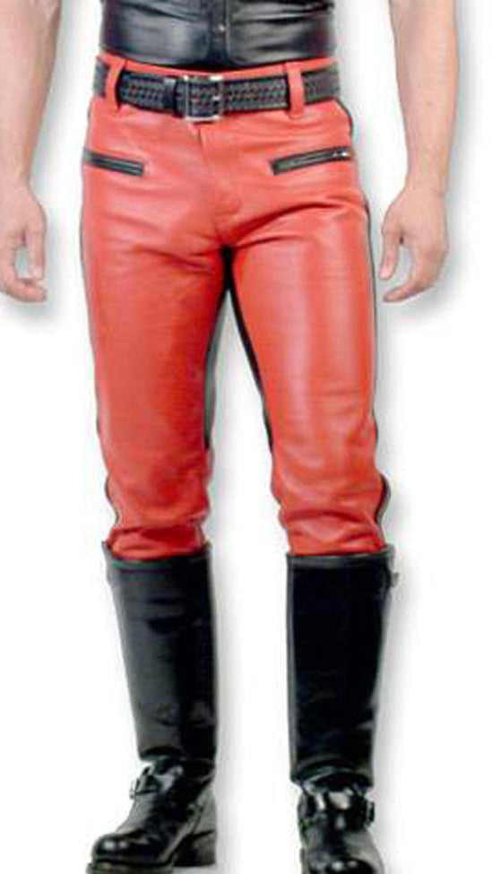 Men’s Red Leather BLUF Biker Pants – Cowhide with Black Side Stripes